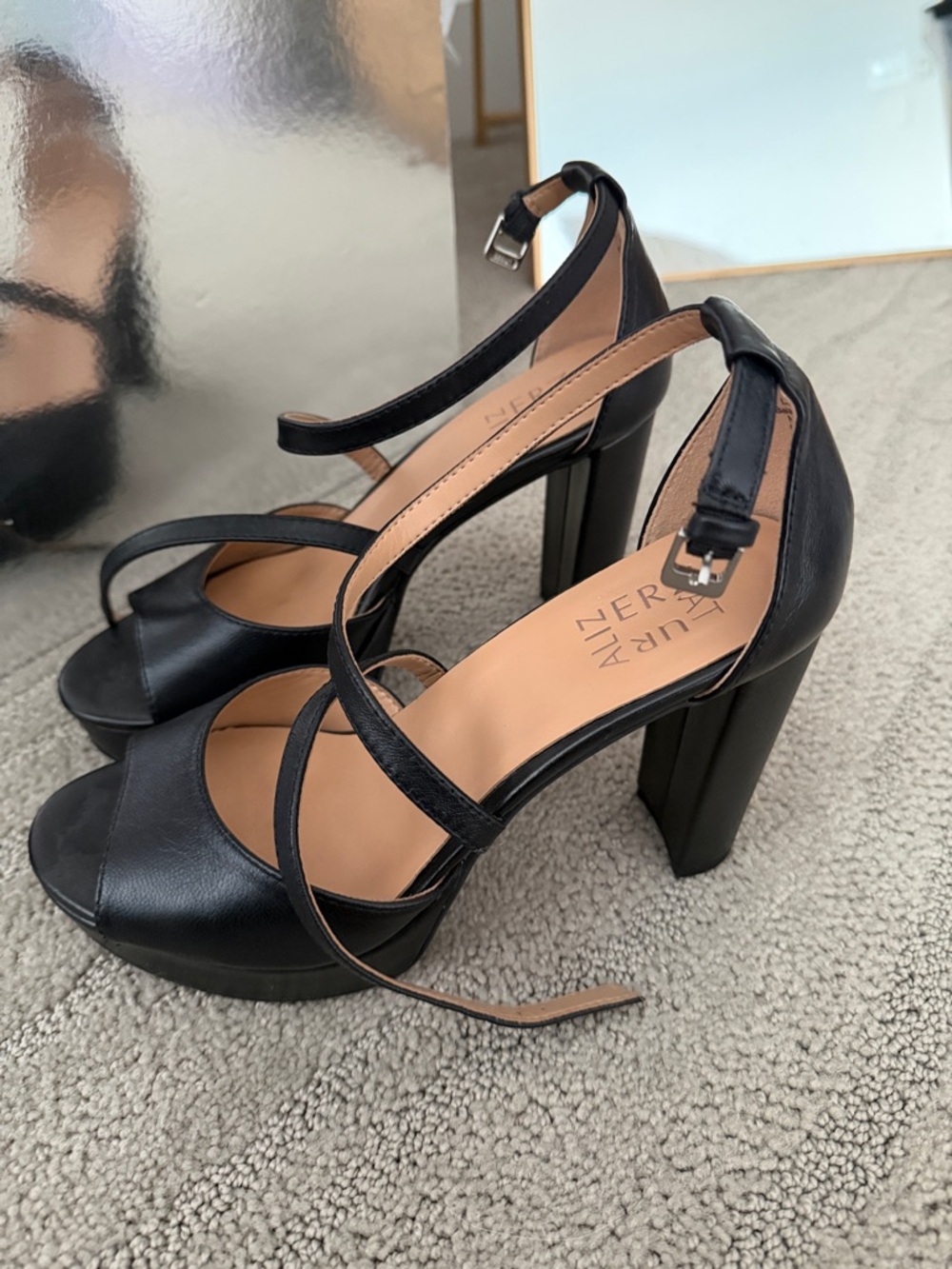 Naturalizer Black Leather Strappy Block Heel Sandals - Picture 2 of 5